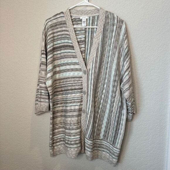 J. Jill Pure Jill Grey Blue Contrast Stripe Oversized Cardigan Sweater - Size M - Picture 1 of 6